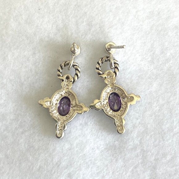 Sterling Silver 925 Oval Purple CZ & Marcasite Rope Accent Dangle Drop Earrings - Picture 9 of 16